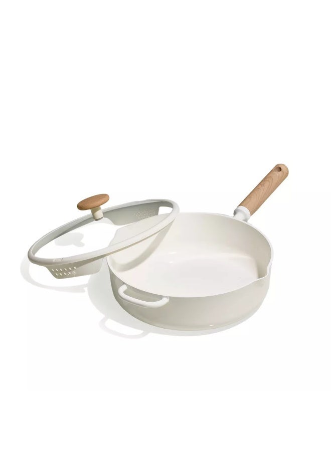 Carote 4.7 Litre Ceramic Nonstick Sauté Pan with Dual-Size Strainer Lid, PFAS-Free Healthy Cooking, Ergonomic Wood-Like Handle, Full-Spray Base, All-Stovetop Compatible, Dishwasher Safe (Cream) - Image 1